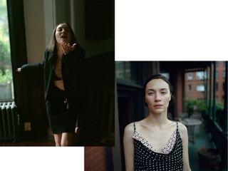 Collage of Sydney Lemmon blowing a kiss to the camera wearing a Miu Miu suit and standing outside wearing polka-dot top.