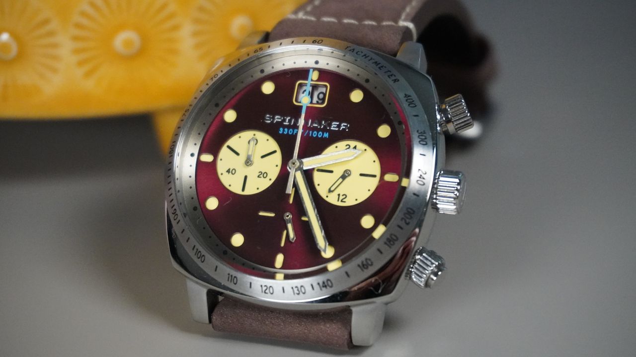 The Spinnaker Hull Chronograph against a yellow plant pot