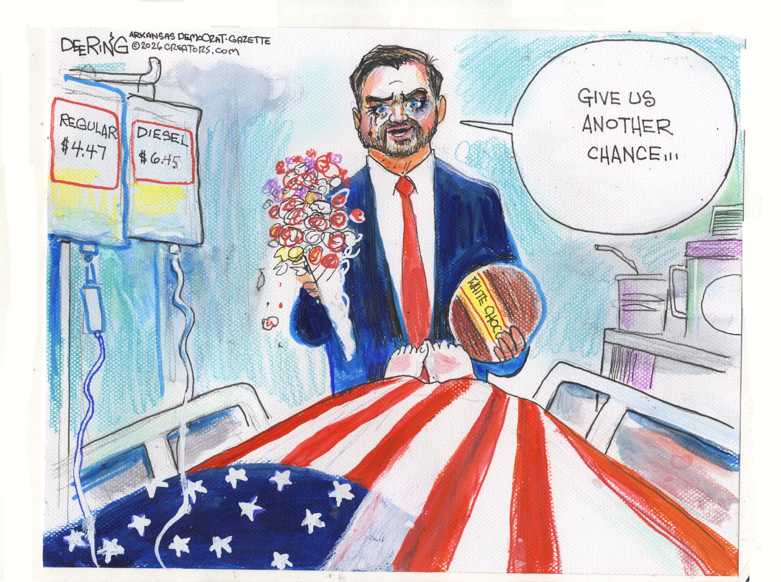 JD Vance holds flowers and a box of chocolates stands next to a hospital bed draped with an American flag. There are IVs leading to the bed showing the inflated prices of regular and diesel fuel. Vance says, &amp;ldquo;Give us another chance&amp;hellip;&amp;rdquo;
