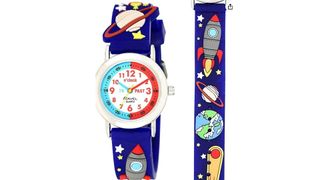 analogue watch with red and blue face with space themed strap as part of our best kids' watches round up