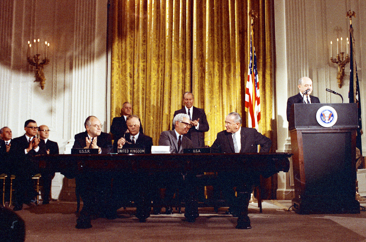 President Lyndon B. Johnson met with representatives from the UK and Soviet Union to sign the Outer Space Treaty on Jan. 17, 1967. Johnson pushed for and helped author the pact.