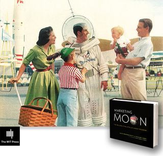people stand around laughing in front of a book with the title Marketing the Moon: The Selling of the Apollo Lunar Program