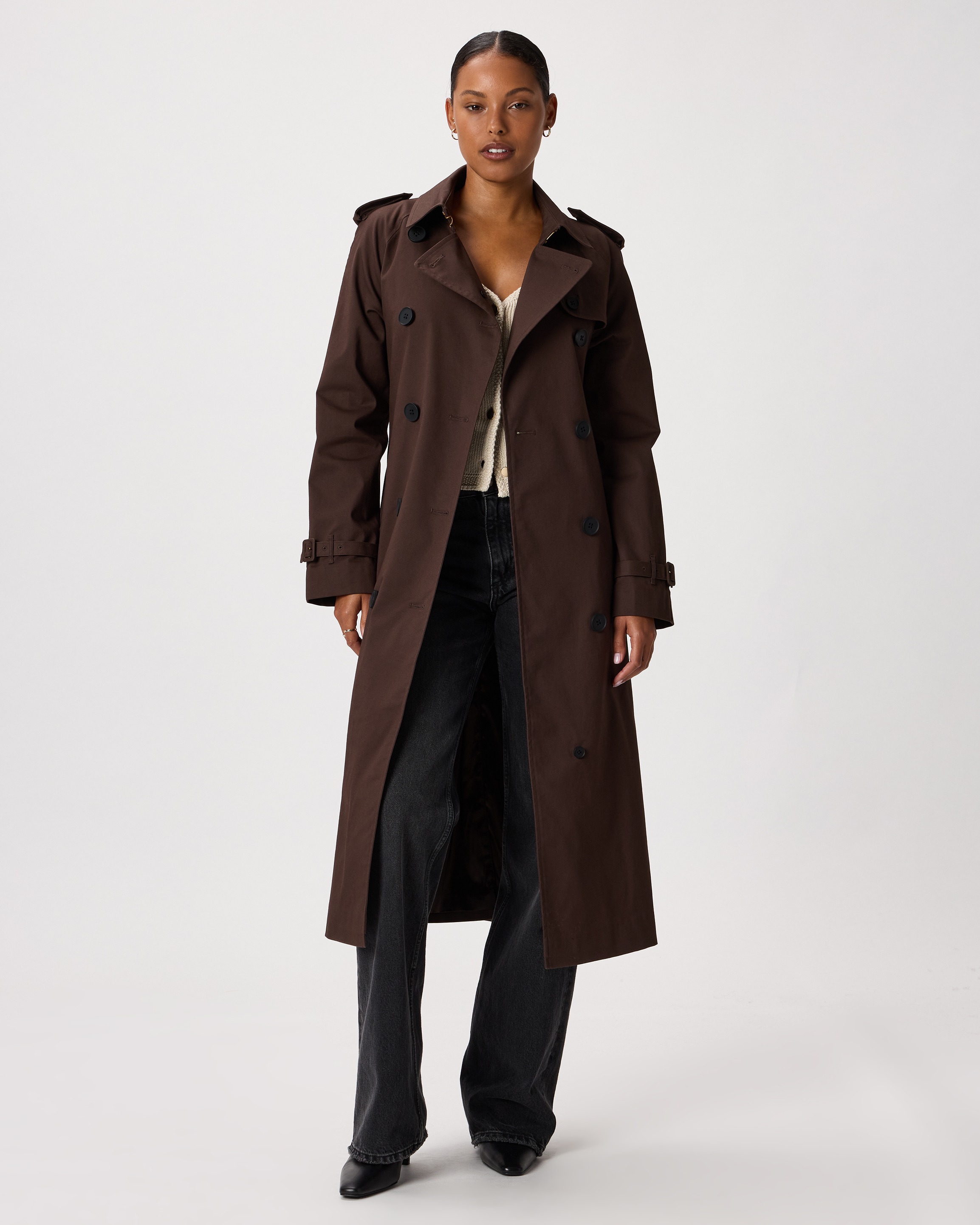 Comfort Stretch Long Trench Coat in Coffee Bean Brown