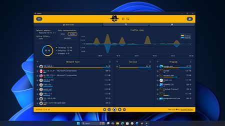 Sniffnet dashboard with a dark blue and yellow theme displays network traffic. Graphs, numerical data, and lists of hosts, services, and programs are shown. The background is a blue abstract design.