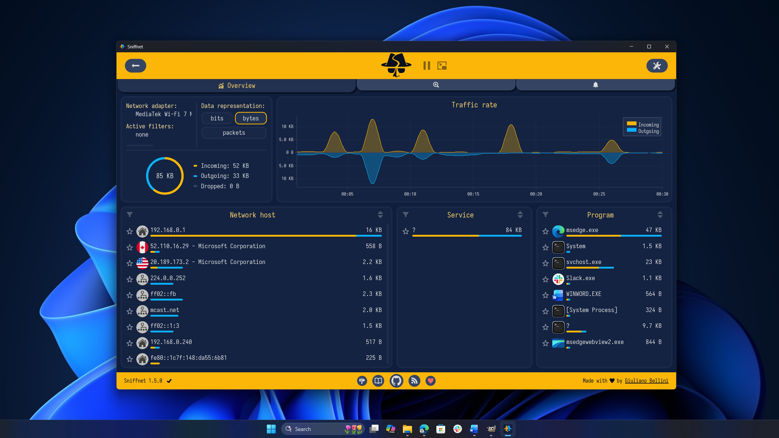 Sniffnet dashboard with a dark blue and yellow theme displays network traffic. Graphs, numerical data, and lists of hosts, services, and programs are shown. The background is a blue abstract design.