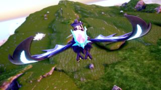 A player rides a Helzephyr, one of the Palworld Flying Mounts.