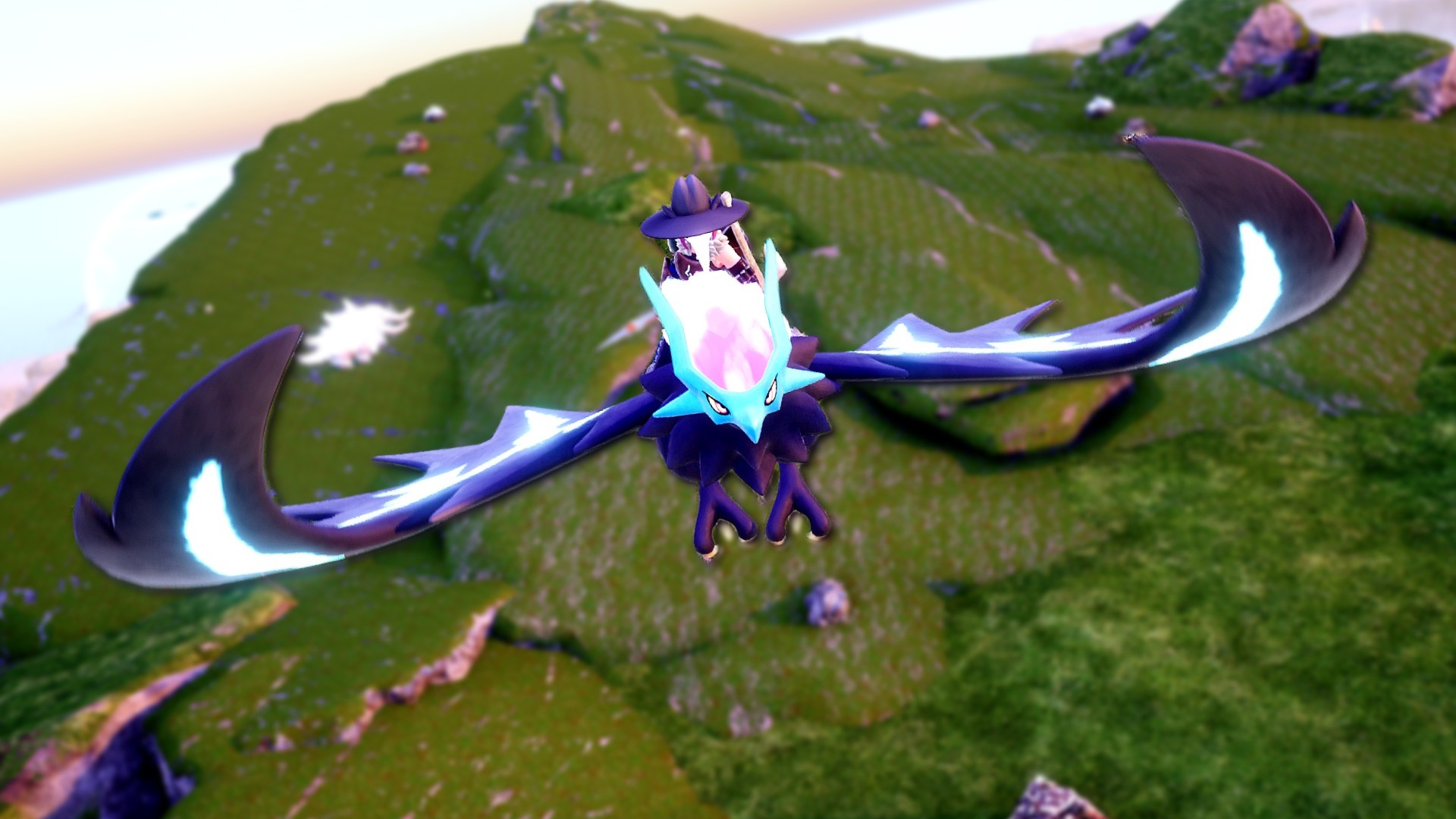 A player rides a Helzephyr, one of the Palworld Flying Mounts.