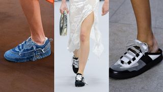 A composite of fall winter shoe trends trainers on the runway