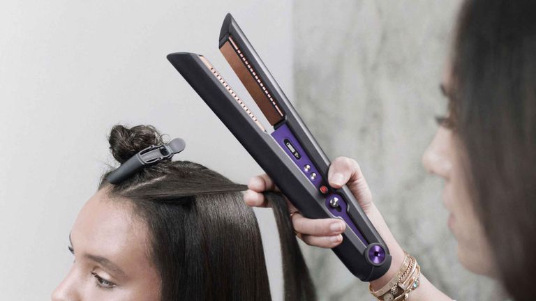 Dyson Corrale purple in use on hair