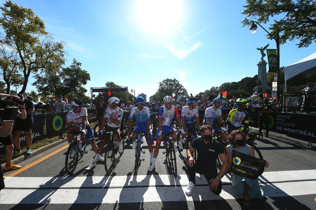 MONTREAL QUEBEC SEPTEMBER 11 LR Peter Sagan of Slovakia and Team Total Energies Greg Van Avermaet of Belgium and Ag2R Citroen Team Michael Matthews of Australia and Team BikeExchange Jayco Antoine Duchesne of Canada and Team Groupama FDJ Guillaume Boivin of Canada and Team Israel Premier Tech Hugo Houle of Canada and Team Israel Premier Tech and Hailu Biniam Girmay of Eritrea and Team Intermarch Wanty Gobert Matriaux prior to the 11th Grand Prix Cycliste de Montreal 2022 a 221km one day race from Montreal to Montreal GPCQM WorldTour on September 11 2022 in Montreal Quebec Photo by Dario BelingheriGetty Images