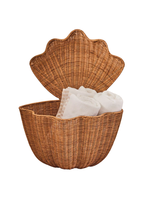 Shell Wicker Woven Basket With Hinged Lid