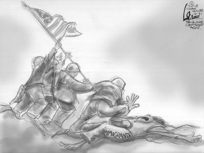 Political cartoon U.S. migrant caravan immigration policy military Trump administration
