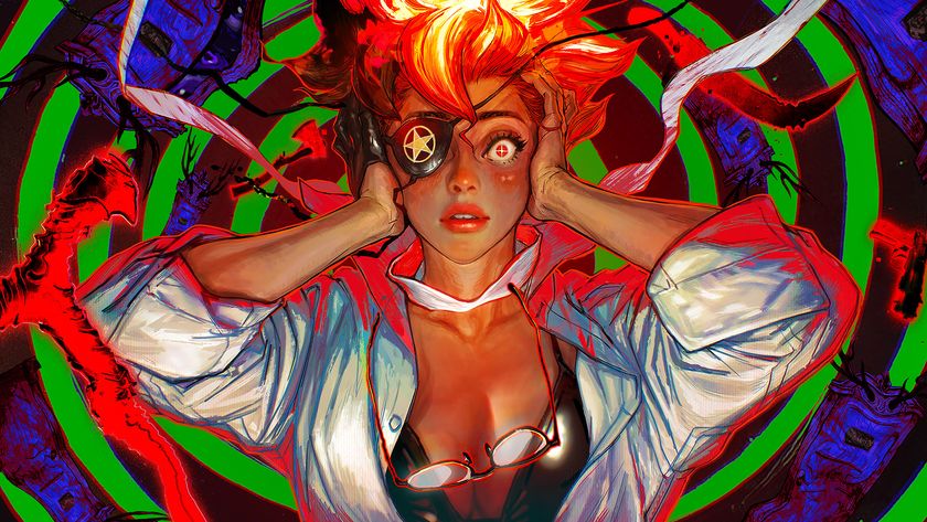 Justine, an FBI investigator in a white shirt, clutches her head in key art for Hotel Barcelona as he glasses fall off, her eyepatch becomes untied, and her hair, blazing red, ruffles - with a swirling, psychedelic background
