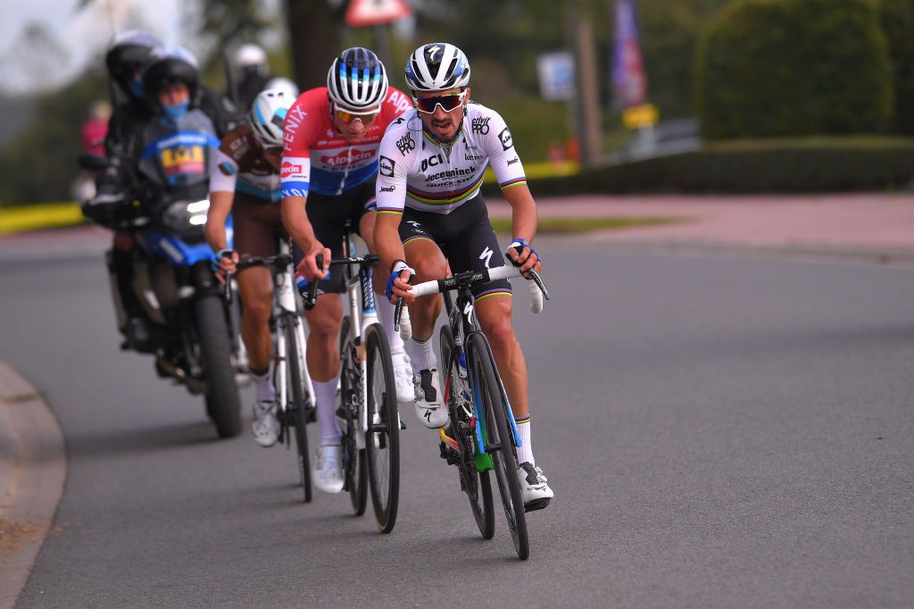 OVERIJSE BELGIUM OCTOBER 07 Mathieu Van Der Poel of Netherlands and Team AlpecinFenix Julian Alaphilippe of France and Team Deceuninck QuickStep Breakaway during the 60th Brabantse Pijl 2020 Men Elite a 197km race from Leuven to OverijseSchavei 106m La Flche Brabanonne BP20 on October 07 2020 in Overijse Belgium Photo by Luc ClaessenGetty Images