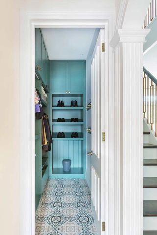 hallway shoe storage ideas with patterned hall floor