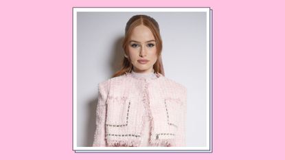 Madelaine Petsch wears a pastel pink co-ord as she attends the Givenchy Fall 2023 Ready To Wear Fashion Show on March 2, 2023 at the Military School in Paris, Fashion./ in a pink and blue template