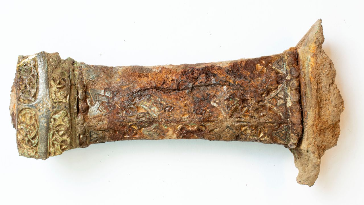 The richly decorated hilt of the sword from the Viking era.