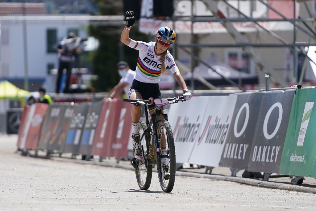ALBSTADT GERMANY MAY 09 Pauline Ferrand Prevot of France celebrates second place in CrossCountry Olympic Women Elite race during UCI Mountain Bike World Cup on May 09 2021 in Albstadt Germany Photo by Christian KasparBartkeGetty Images