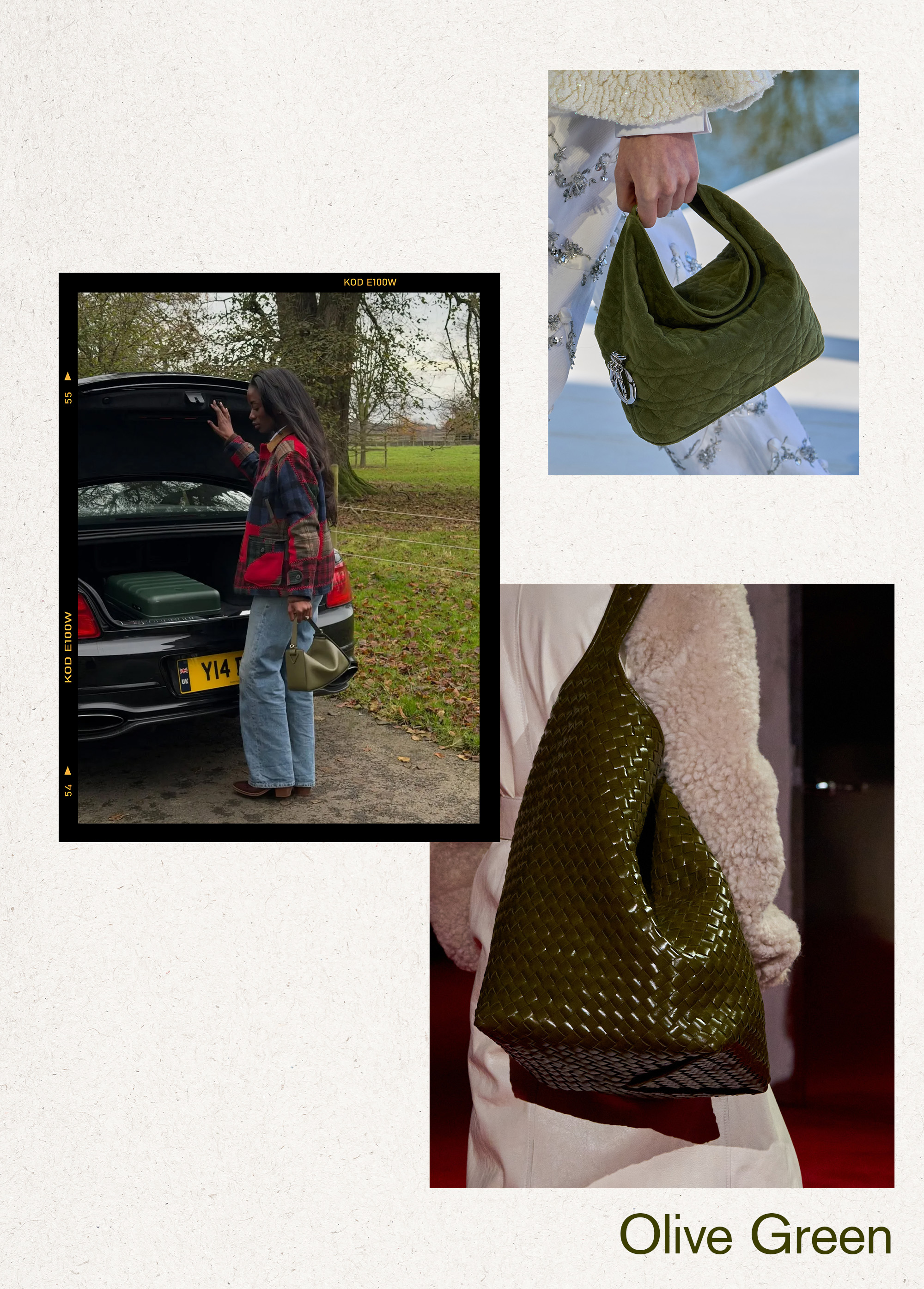 Collage of women, handbags, and runway imagery of the best spring 2026 handbag color trends.