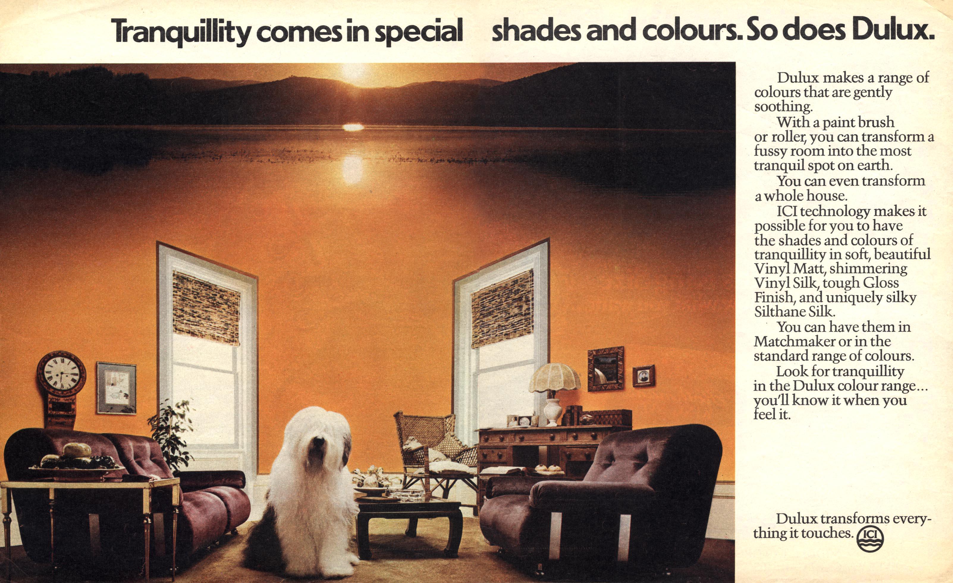 A series of vintage Dulux advertisements featuring old English sheepdogs: painted dog kennels shown in different colours and seasons; a sheepdog carrying a bouquet of flowers in its mouth for the “Dulux Matchmaker” campaign; a sheepdog sitting in a warmly decorated living room promoting calming interior shades; a sheepdog peering over a bright red gate beside text about home protection; and a close-up of a sheepdog’s face next to a blue door under the headline “Our pedigree.”