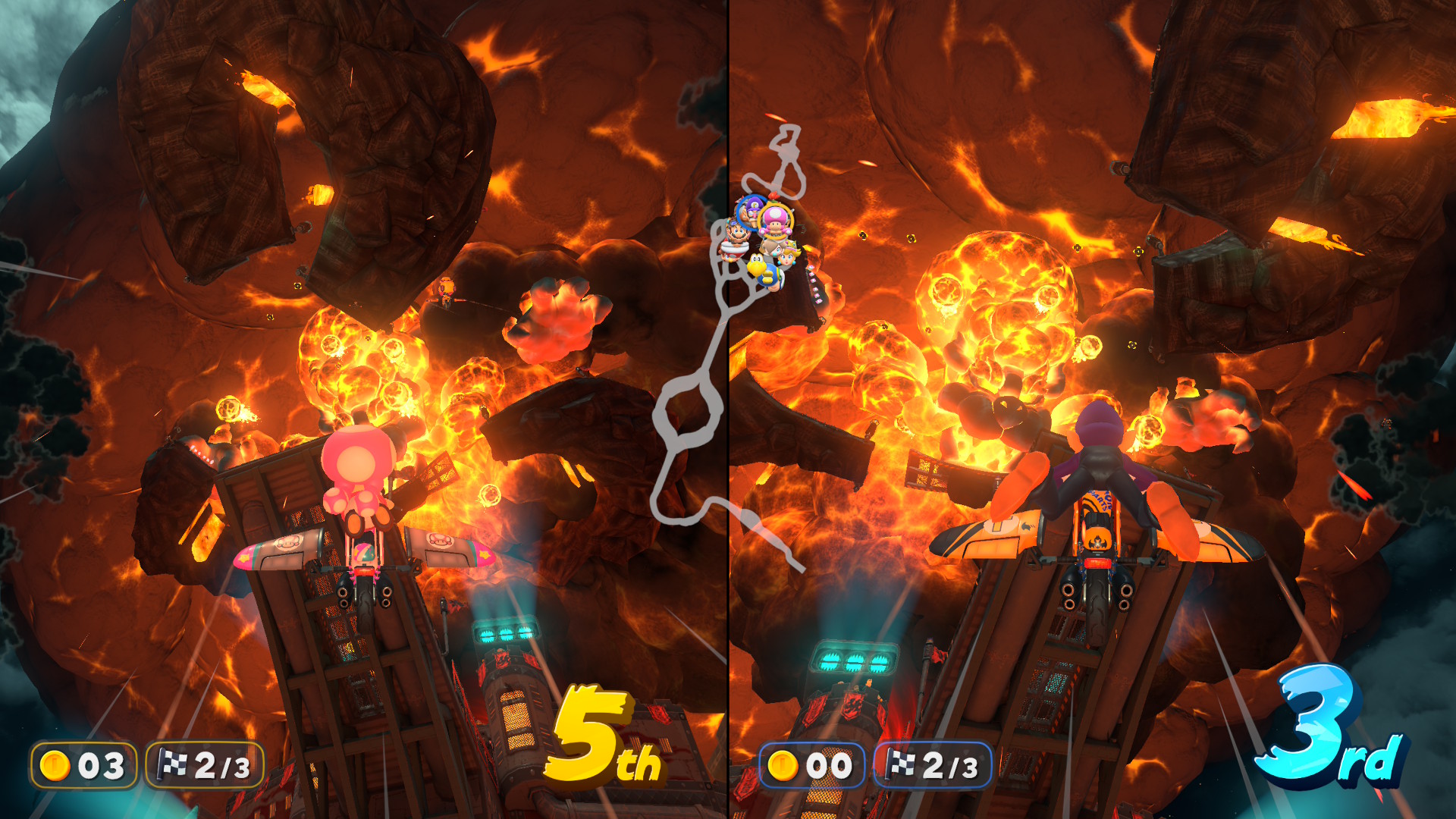 Waluigi and Toadette approach Bowser's Castle in Mario Kart World