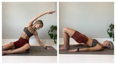 Shape Pilates founder Gemma Folkard demonstrating Pilates exercises on a yoga mat