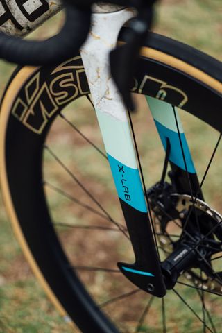 The custom painted blue fork of the Astana X Lab bike on some grass