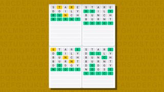 Quordle daily sequence answers for game 774 on a yellow background