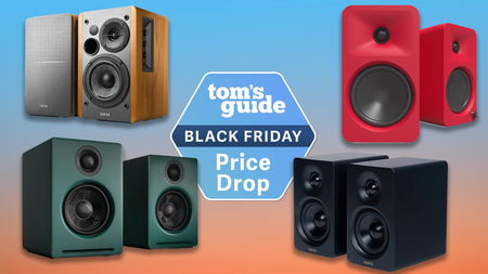 four bookshelf speakers: edifier r1280db, kanto ora4, audioengine a2+, edifier m60 on a blue and pink tom's guide background with a tom's guide black friday deal badge