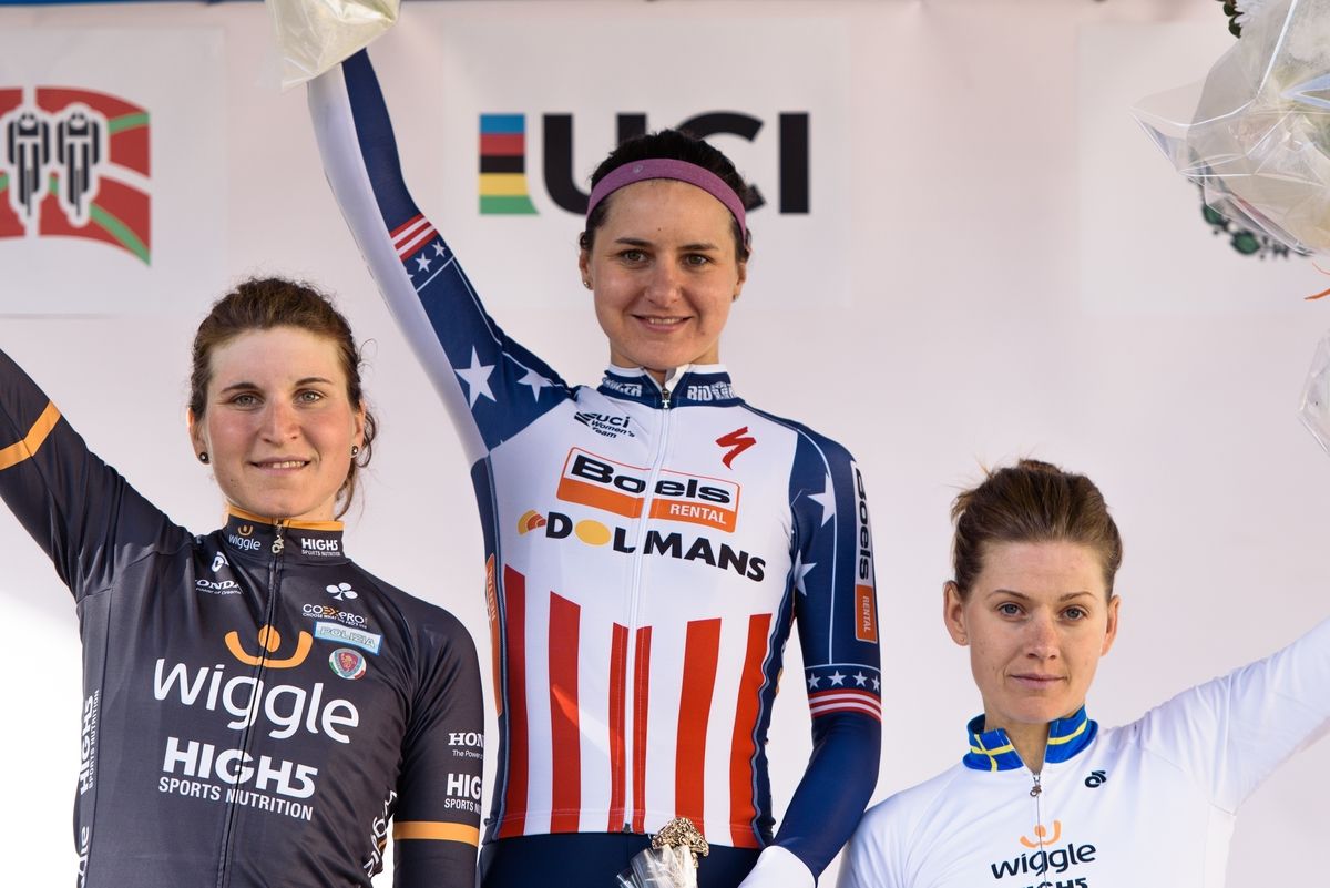 Megan Guarnier topped the Durango-Durango podium ahead of Elisa Longo Borghini and Emma Johansson (Wiggle-High5)