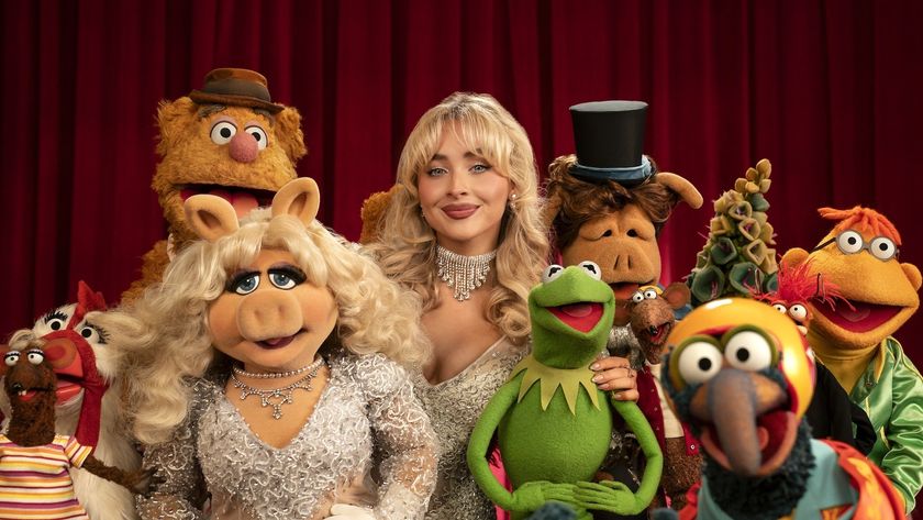 Sabrina Carpenter surrounded by Kermit, Miss Piggy, Gonzo and other members of the Muppet crew in a promo still for Disney+'s "The Muppet Show"