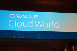 A banner with Oracle CloudWorld written across it