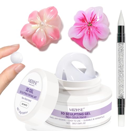Mizhse White 3d Gel Nail Art 30g Sculpting Gel Non-Sticky Molding Gels for Nails Solid U V Led Soak Off Gels Polish With Nail Art Pen Rub Chrome Powder Nail Design Home Manicure
