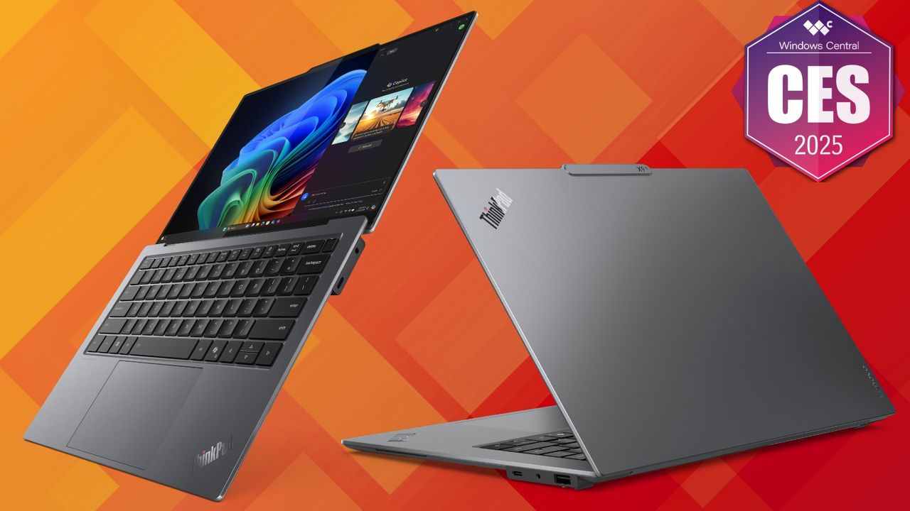 Render of the Lenovo ThinkPad X9 Aura Edition on an orange background with the "Windows Central @ CES 2025" badge.