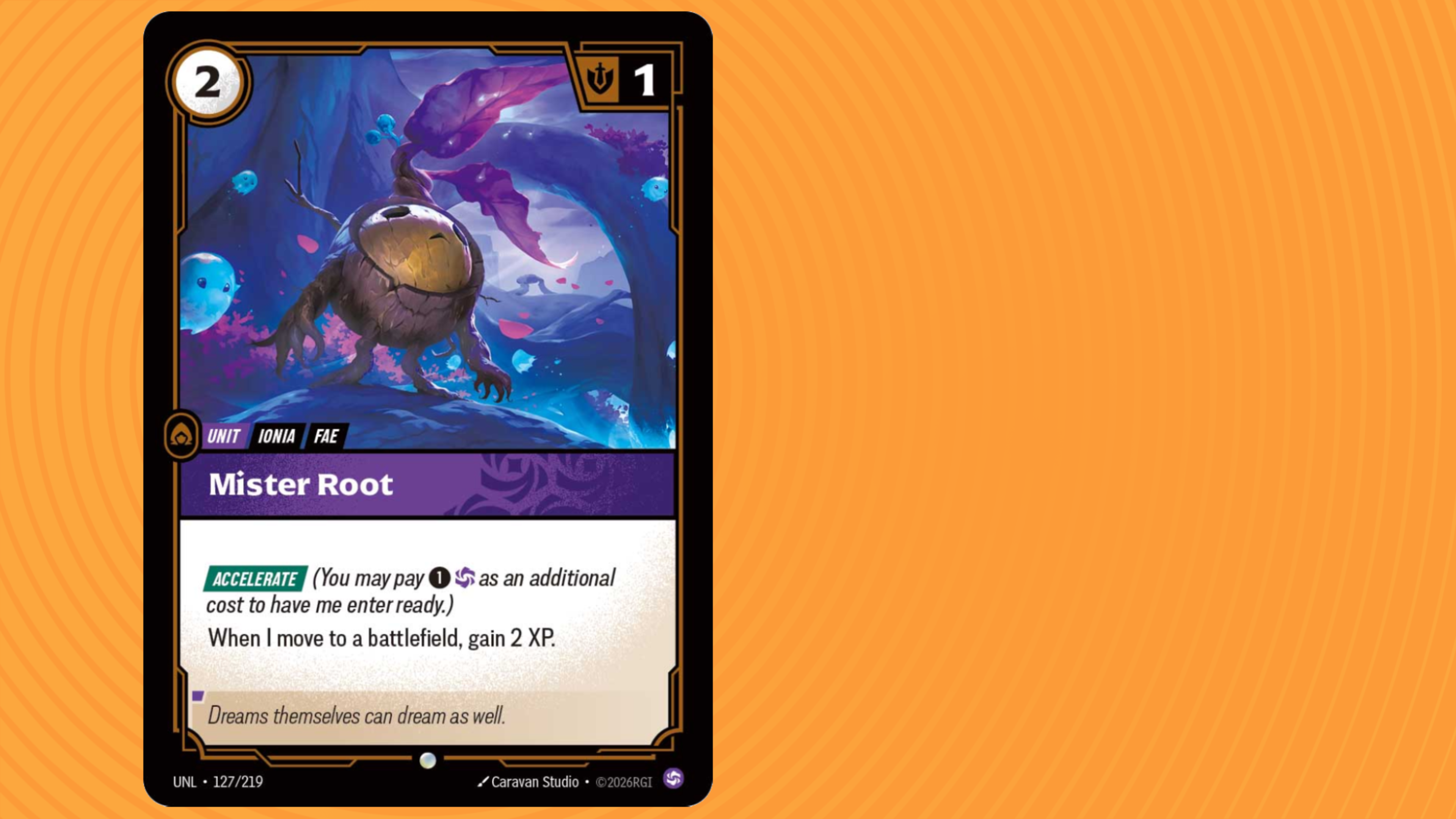 Mister Root looks lost in a spectral forest, his card is on an orange background