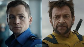 Taron Egerton dressed as a TSA agent in Carry-On/ Hugh Jackman as Wolverine in Deadpool and Wolverine (side by side image)