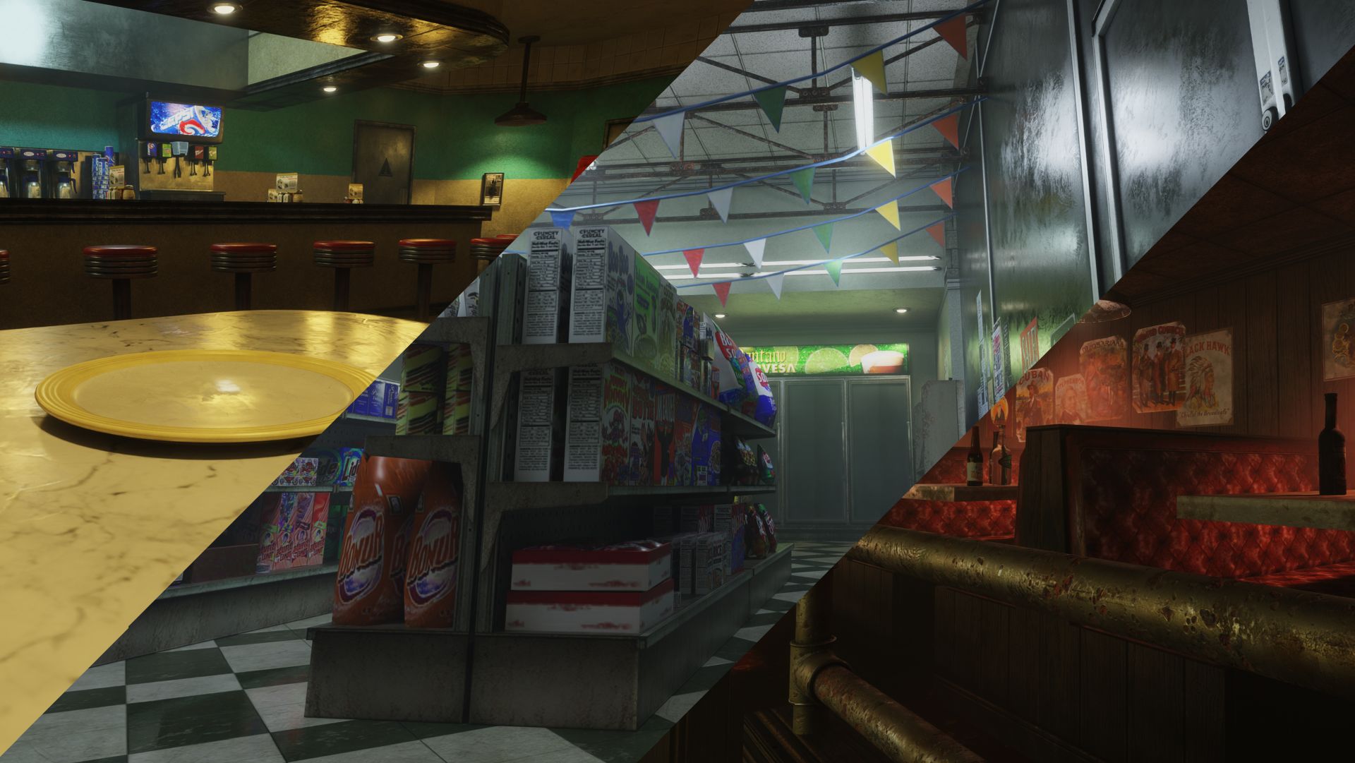 A diner, convenience store, and bar in Bloodlines&#039; RTX remaster mod.