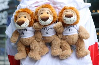 Three lion plushies with shirts depicting Fran Kirby, Millie Bright and Lauren Hemp are seen prior to the UEFA Women's Euro England 2022 final match between England and Germany at Wembley Stadium on July 31, 2022 in London, England.