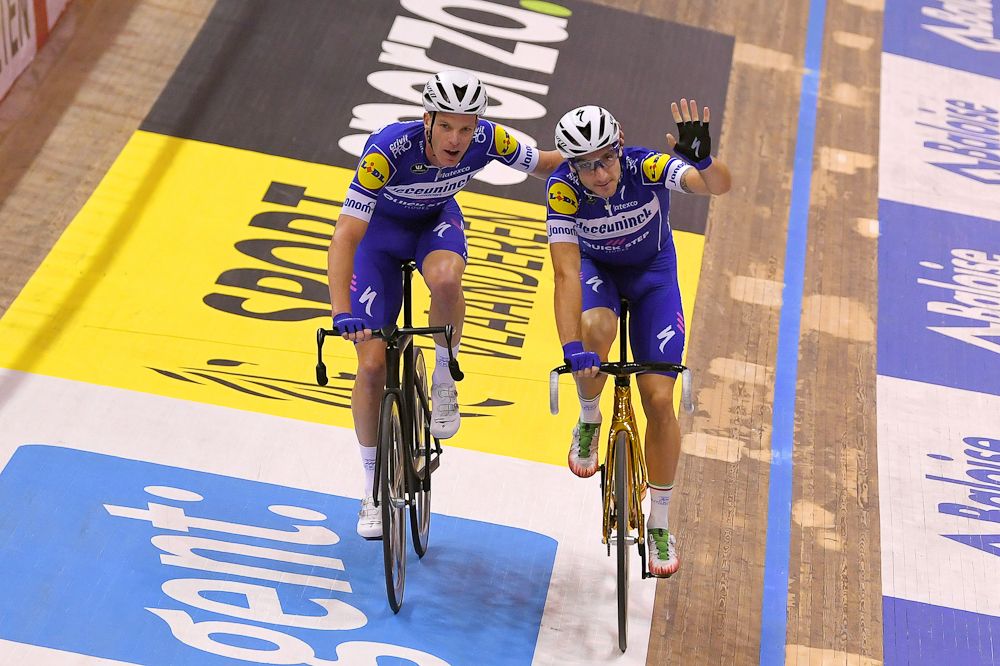 Iljo Keisse and Elia Viviani celebrate winning the 2018 Gent Six