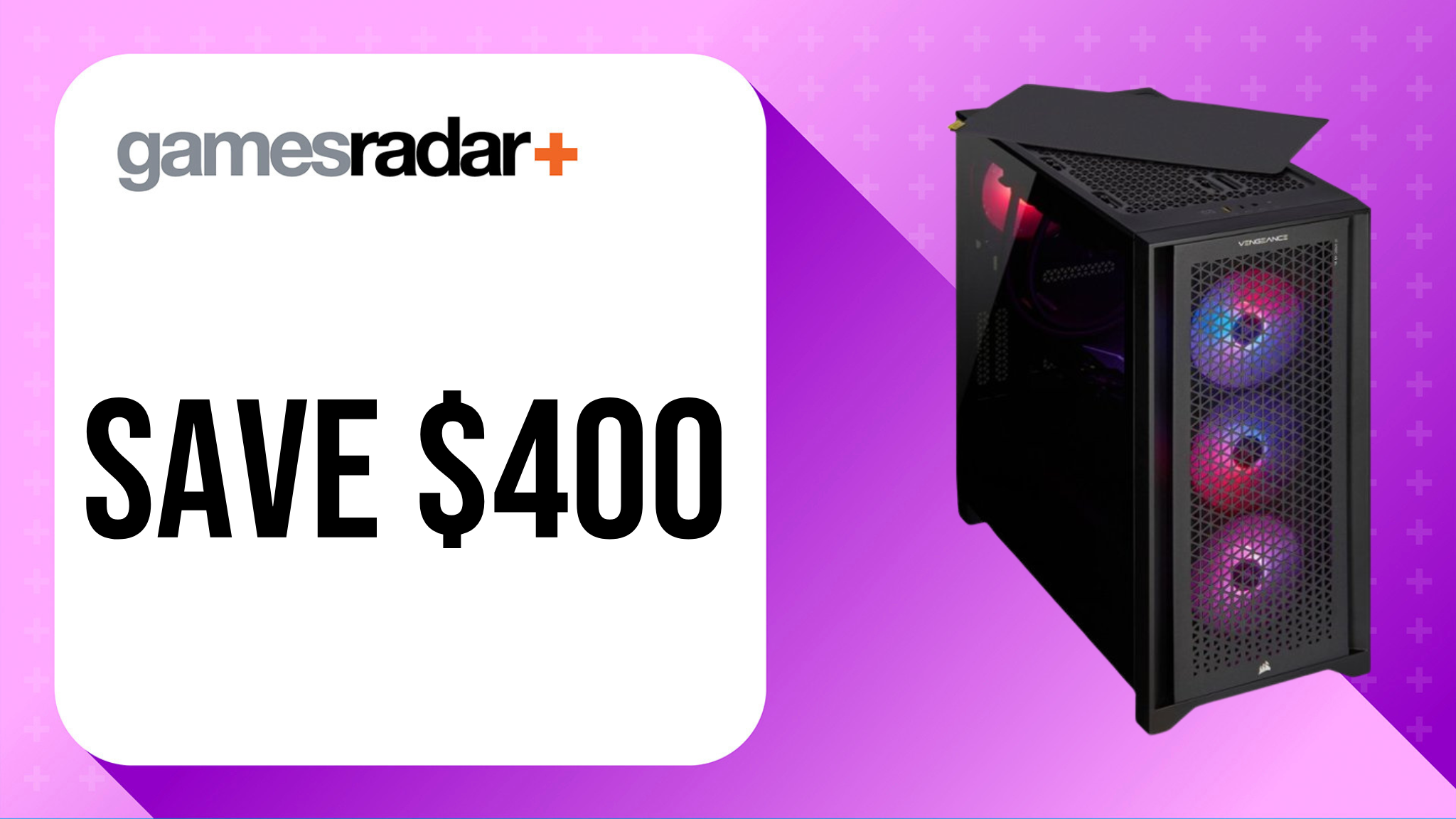 Corsair Vengeance i7200 Gaming Desktop deal image with $400 saving stamp and purple background