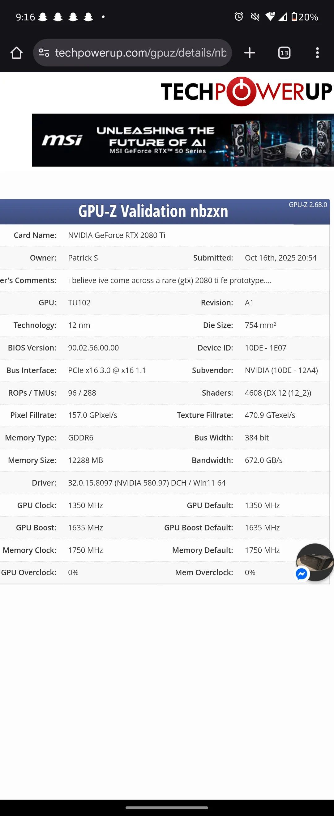 Alleged prototype and GPU-Z validated specifications of the Nvidia RTX 2080 Ti engineering sample with GTX branding