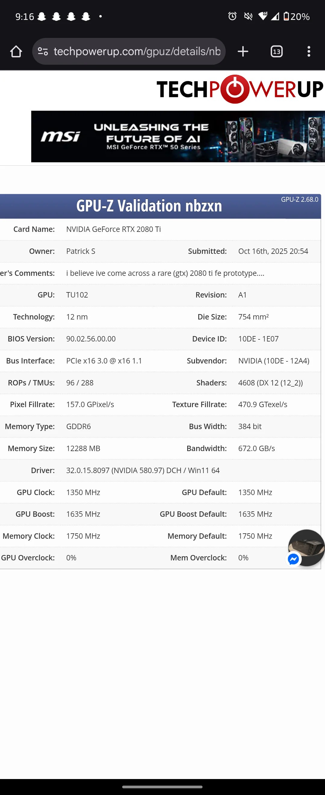 Alleged prototype and GPU-Z validated specifications of the Nvidia RTX 2080 Ti engineering sample with GTX branding