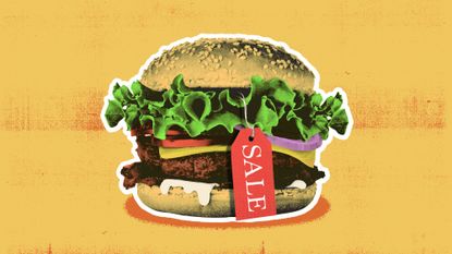 Illustration of a cheeseburger with a sale tag