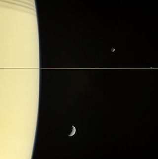Captured by Cassini in March 2016, this edge-on view of a portion of Saturn's rings also includes three moons: Mimas (at top), Janus (just above the rings) and Tethys (below the rings). Any explanation for the formation of the planet's rings must also account for its enigmatic moons.