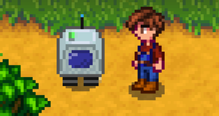 A bot and farmer in Stardew Valley.