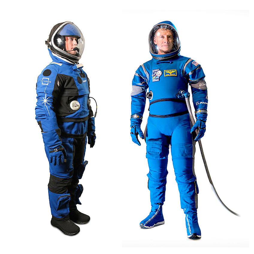 Boeing has selected two providers for its CST-100 Starliner launch and entry suits. At left, ILC Dover's Ascent and Entry Suit (AES); at right, the David Clark Company Starliner suit. Both of the garments pictured are qualification units.