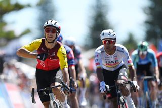 VICTOR HARBOR AUSTRALIA JANUARY 24 LR Stage winner Bryan Coquard of France and Team Cofidis celebrates at finish line as stage winner ahead of Jhonatan Narvaez of Ecuador and UAE Team Emirates Xrg during the 25th Santos Tour Down Under 2025 Stage 4 a 1572km stage from Glenelg to Victor Harbor UCIWT on January 24 2025 in Victor Harbor Australia Photo by Dario BelingheriGetty Images