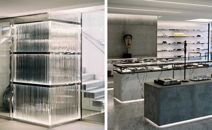 Two photos side-by-side of a Saint Laurent interior. Left: a grey metallic staircase with a glass wall. Right, an in-store exhibition of African art displayed on rows of tables.