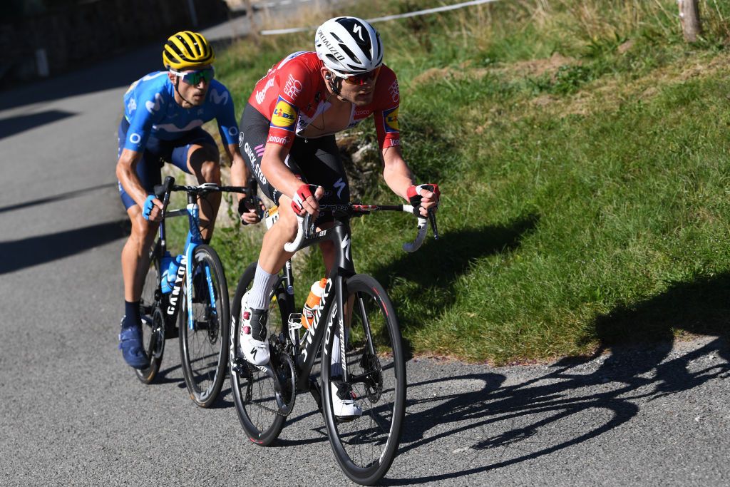 SARRAN CORRZE FRANCE SEPTEMBER 10 Imanol Erviti of Spain and Movistar Team Kasper Asgreen of Denmark and Team Deceuninck QuickStep Breakaway during the 107th Tour de France 2020 Stage 12 a 218km stage from Chauvigny to Sarran Corrze 658m TDF2020 LeTour on September 10 2020 in Sarran Corrze France Photo by Tim de WaeleGetty Images