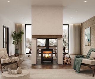 A modern living space featuring a double-sided log burner dividing the room